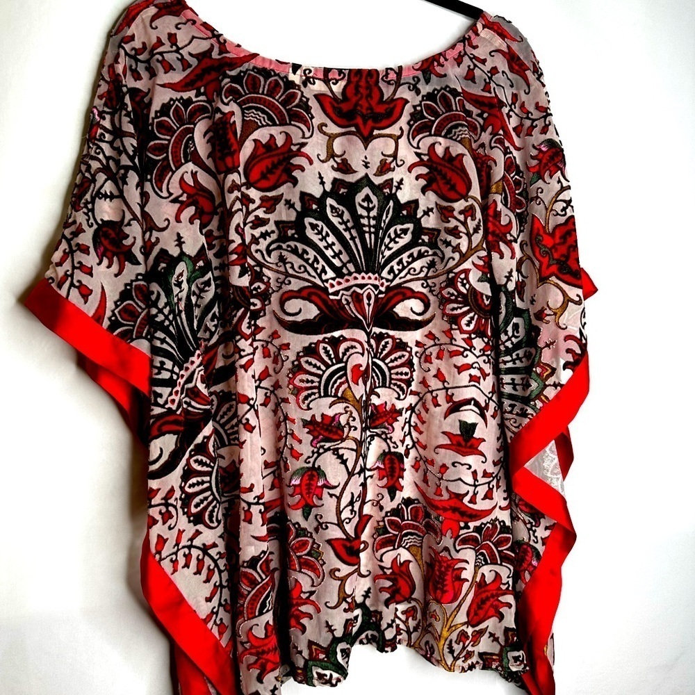 Soft Surroundings Top & Tank Velvet Texture Floral Kimono Red Short Sleeve